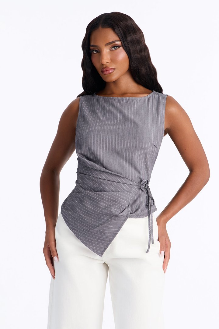 Harper Tie Waist Pinstripe Blouse - Charcoal/combo