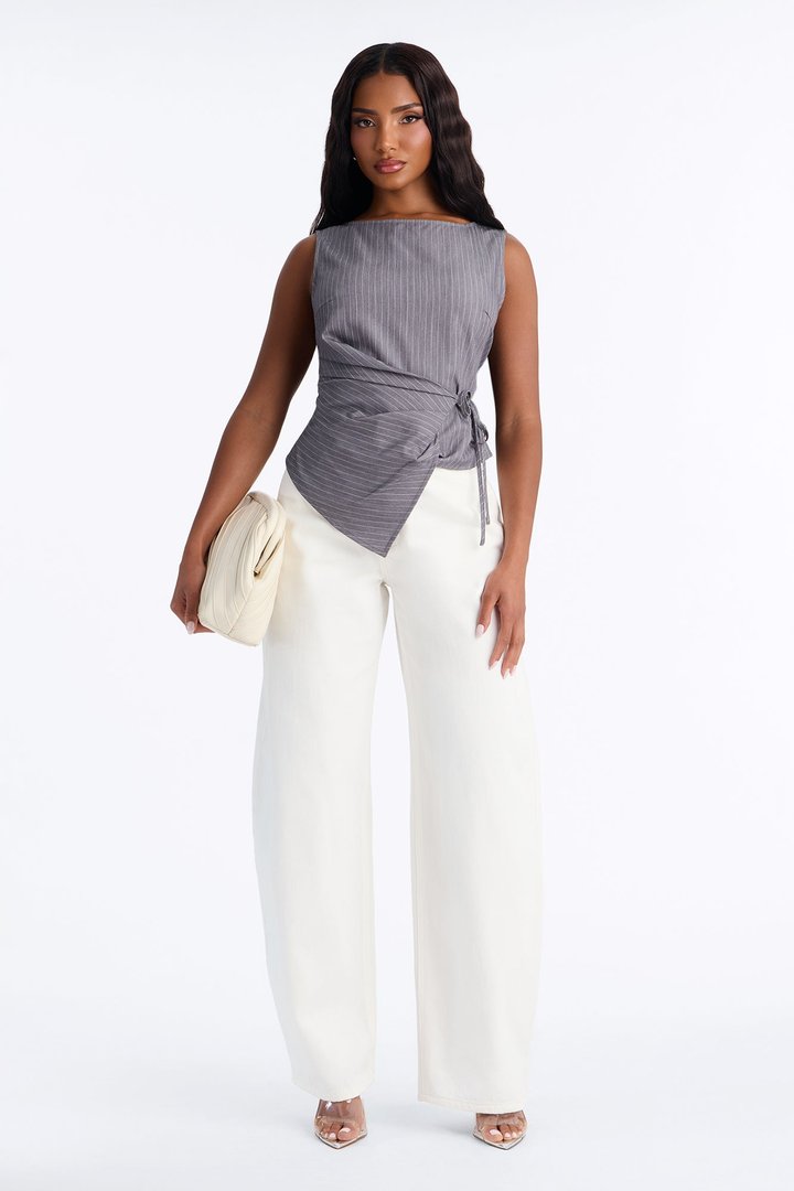 Harper Tie Waist Pinstripe Blouse - Charcoal/combo