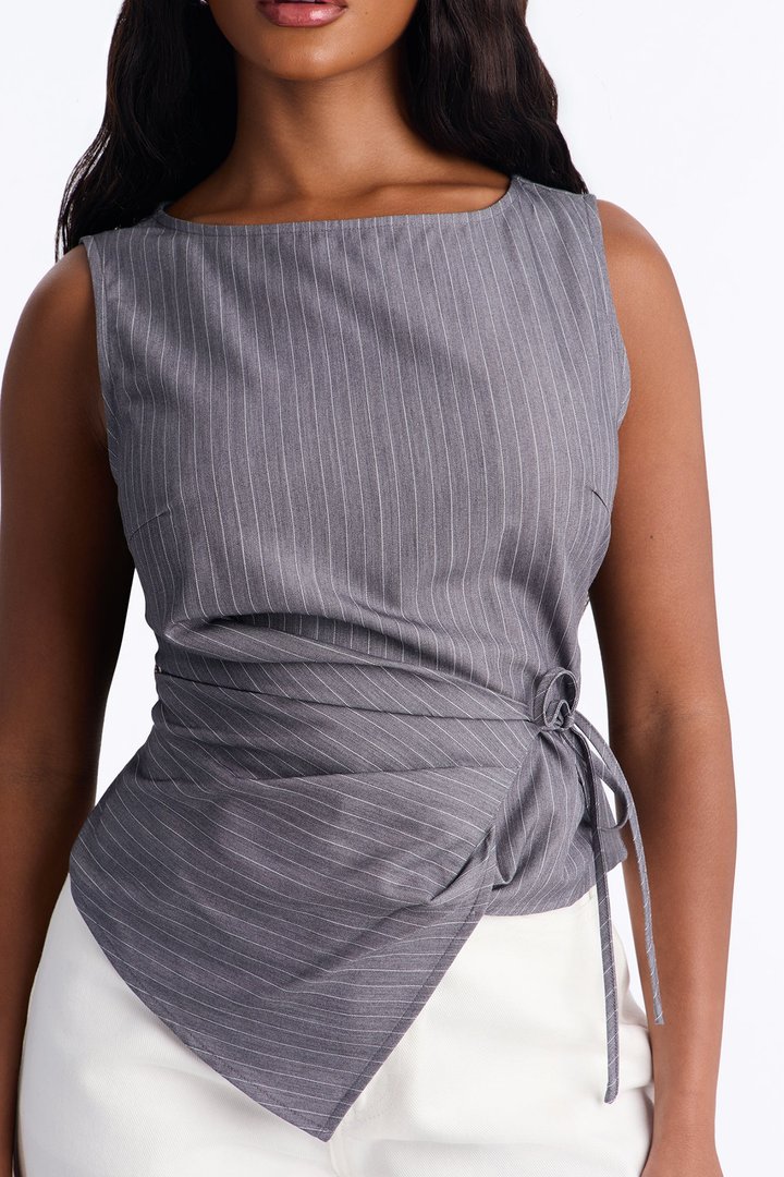 Harper Tie Waist Pinstripe Blouse - Charcoal/combo