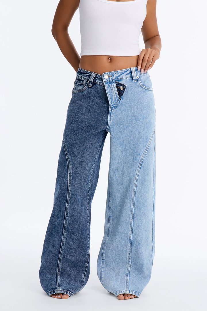 Split Signals Two Tone Crossover Waistband Jeans - Blue/combo