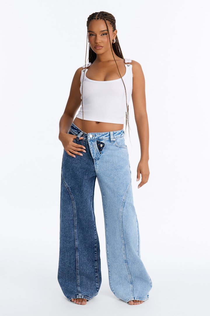 Split Signals Two Tone Crossover Waistband Jeans - Blue/combo