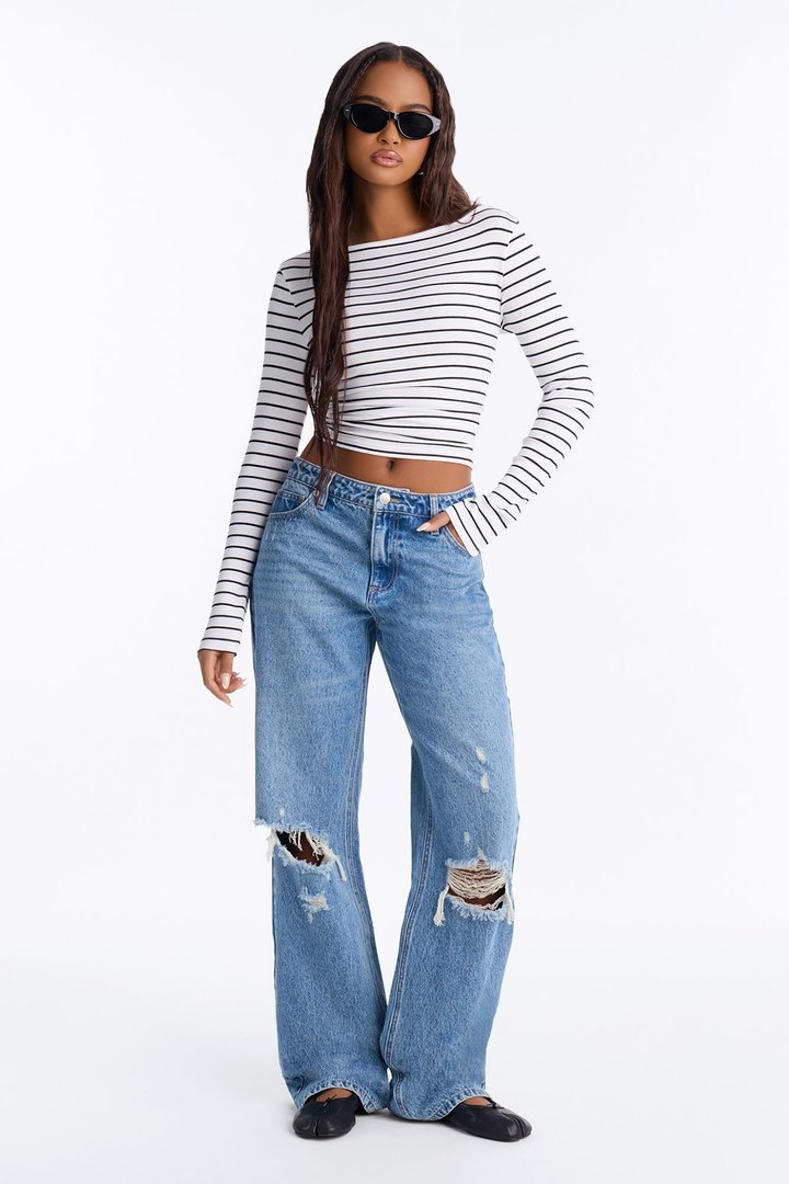 Malibu High Rise Ripped Straight Leg Jeans - Medium Wash