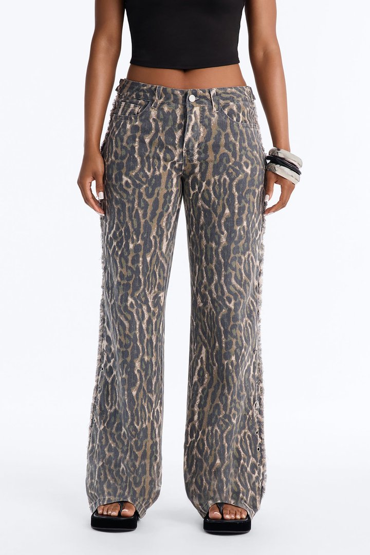Stay Fierce Low Rise Grommet Trim Pant - Leopard