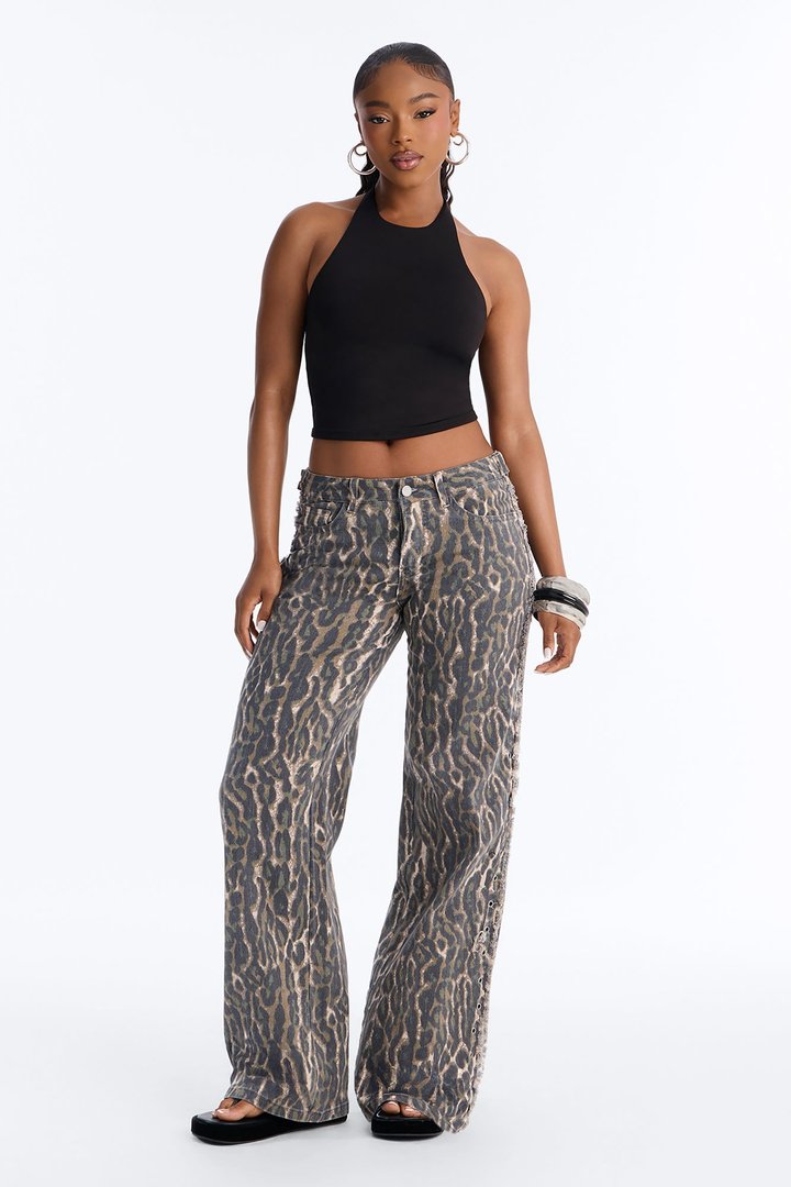 Stay Fierce Low Rise Grommet Trim Pant - Leopard