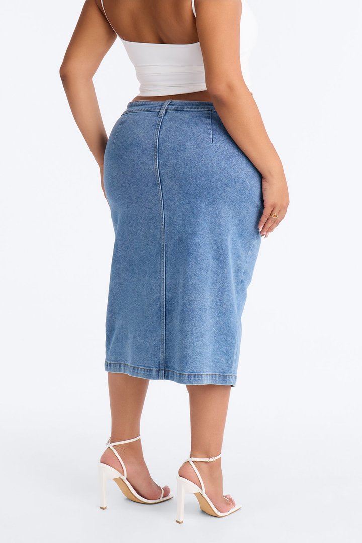 Right On The Line Denim Midi Skirt - Medium Wash