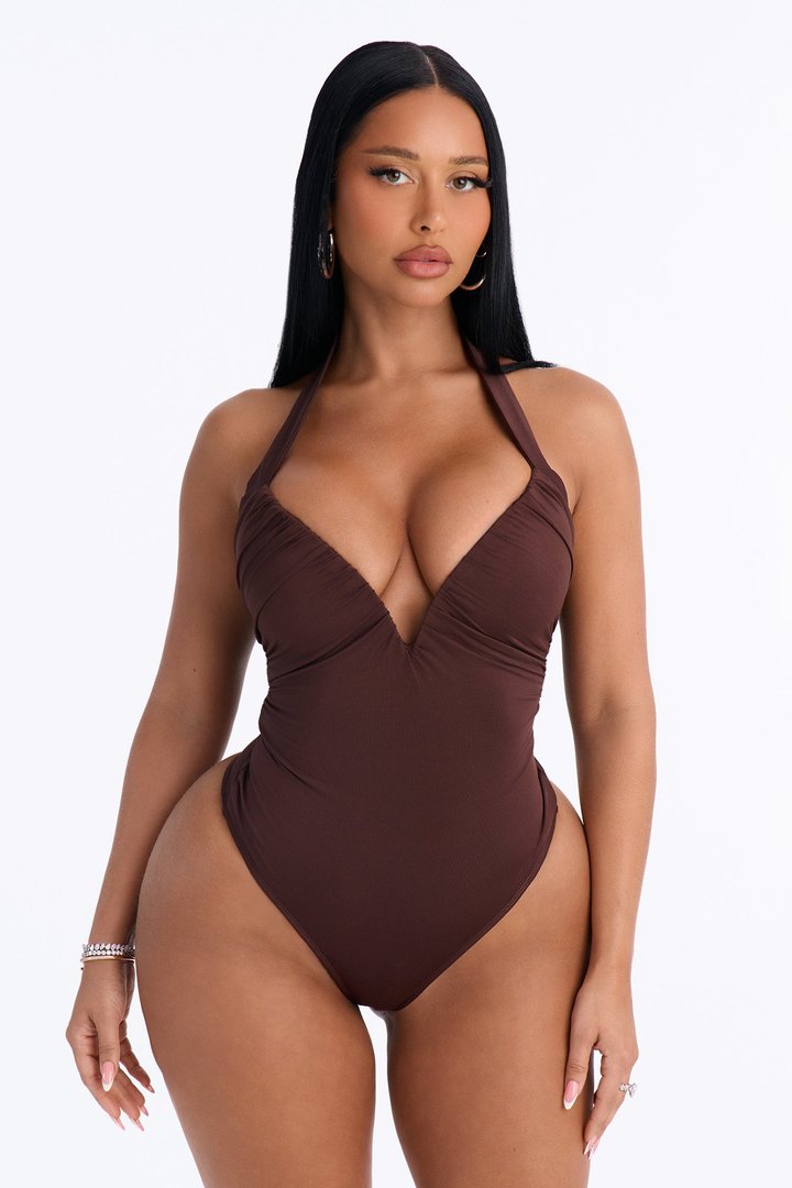 Date Night V-Wire Ruched Halter Bodysuit - Chocolate