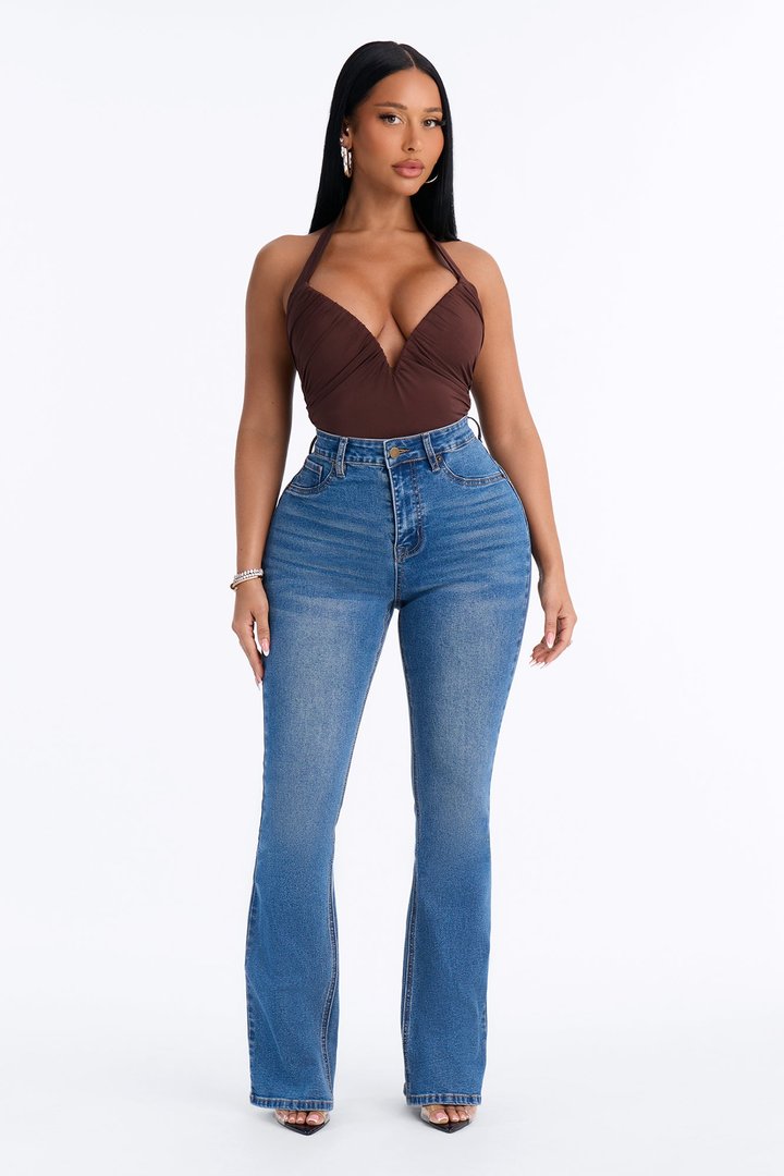 Date Night V-Wire Ruched Halter Bodysuit - Chocolate