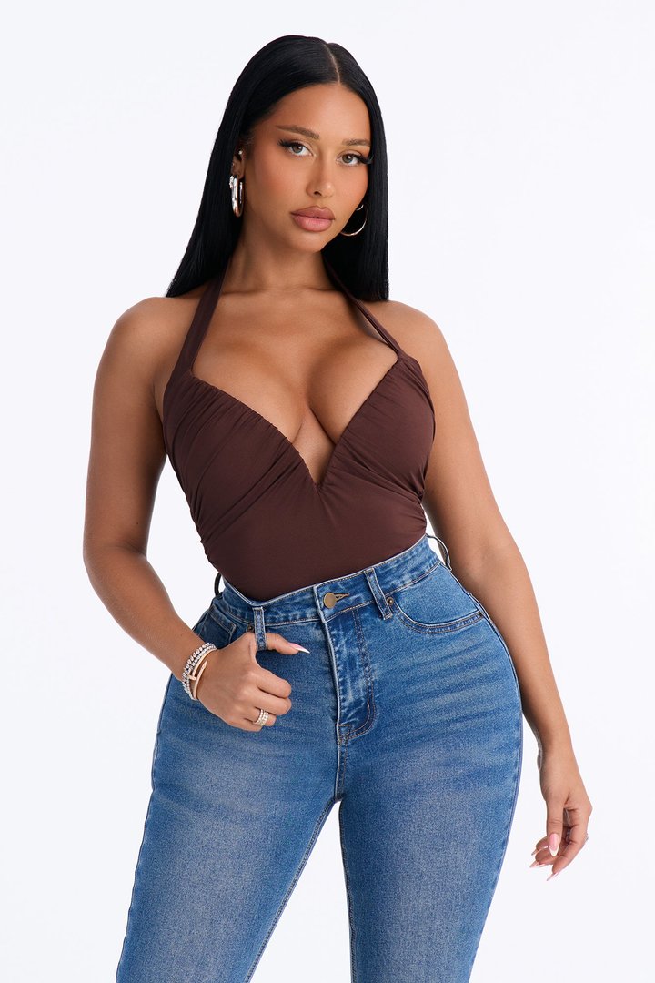 Date Night V-Wire Ruched Halter Bodysuit - Chocolate