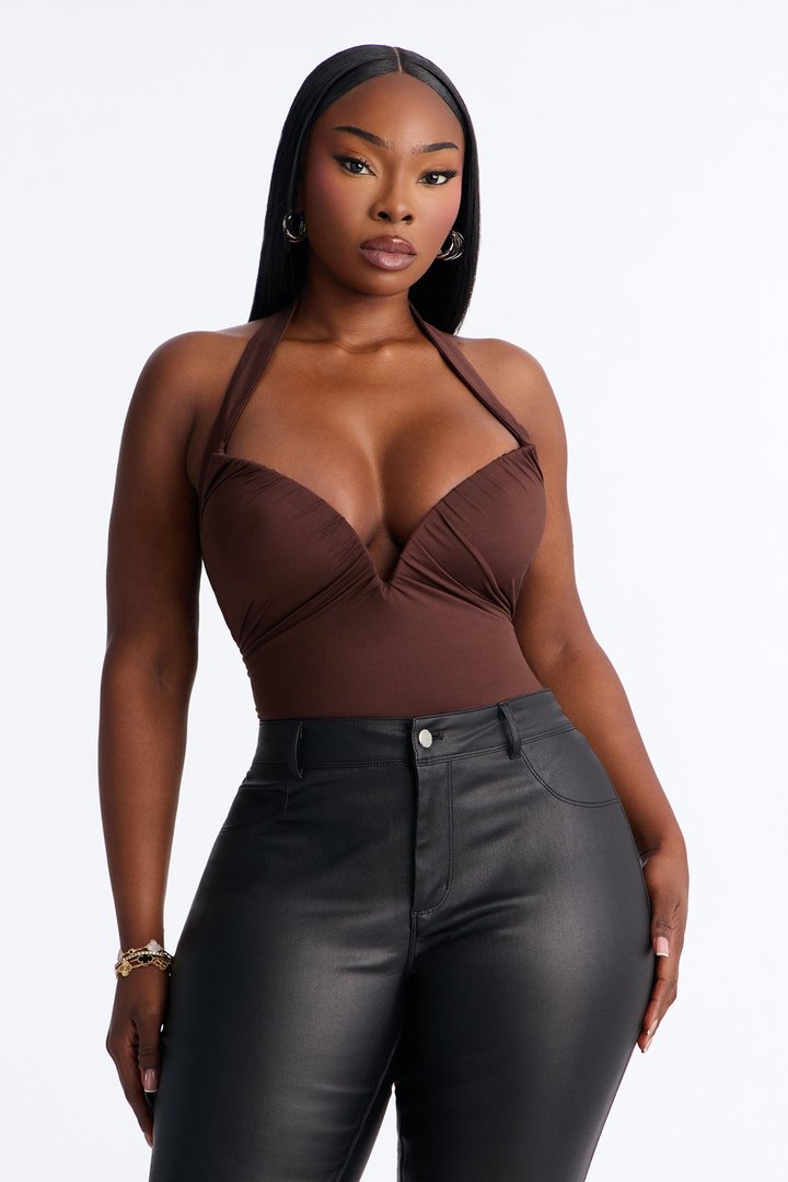 Date Night V-Wire Ruched Halter Bodysuit - Chocolate