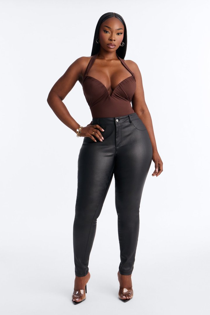 Date Night V-Wire Ruched Halter Bodysuit - Chocolate