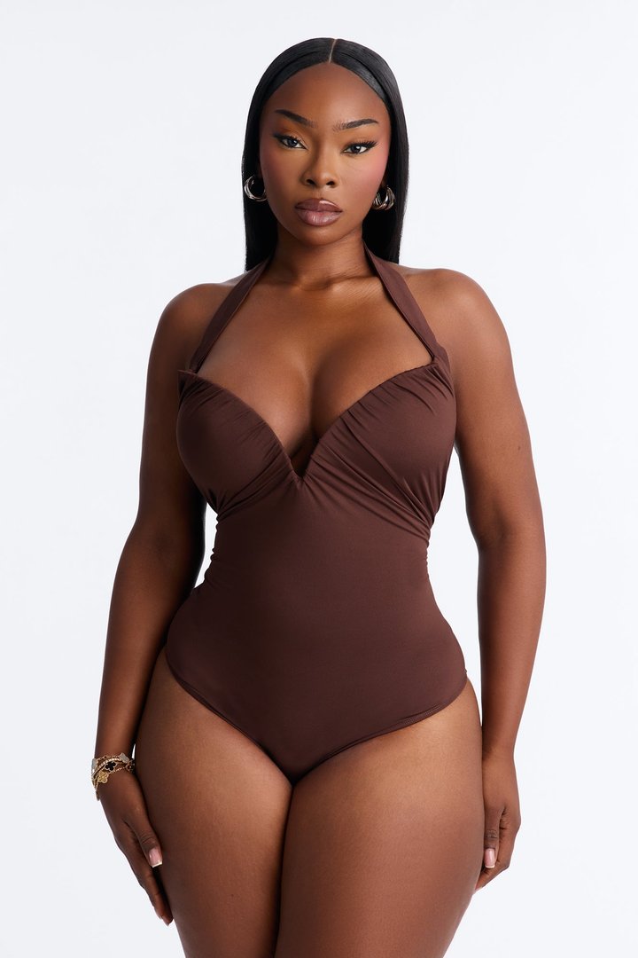 Date Night V-Wire Ruched Halter Bodysuit - Chocolate