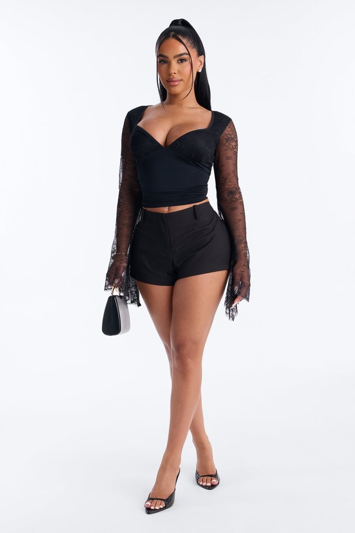 Anabelle Lace Sweetheart Neck Long Sleeve Top - Black