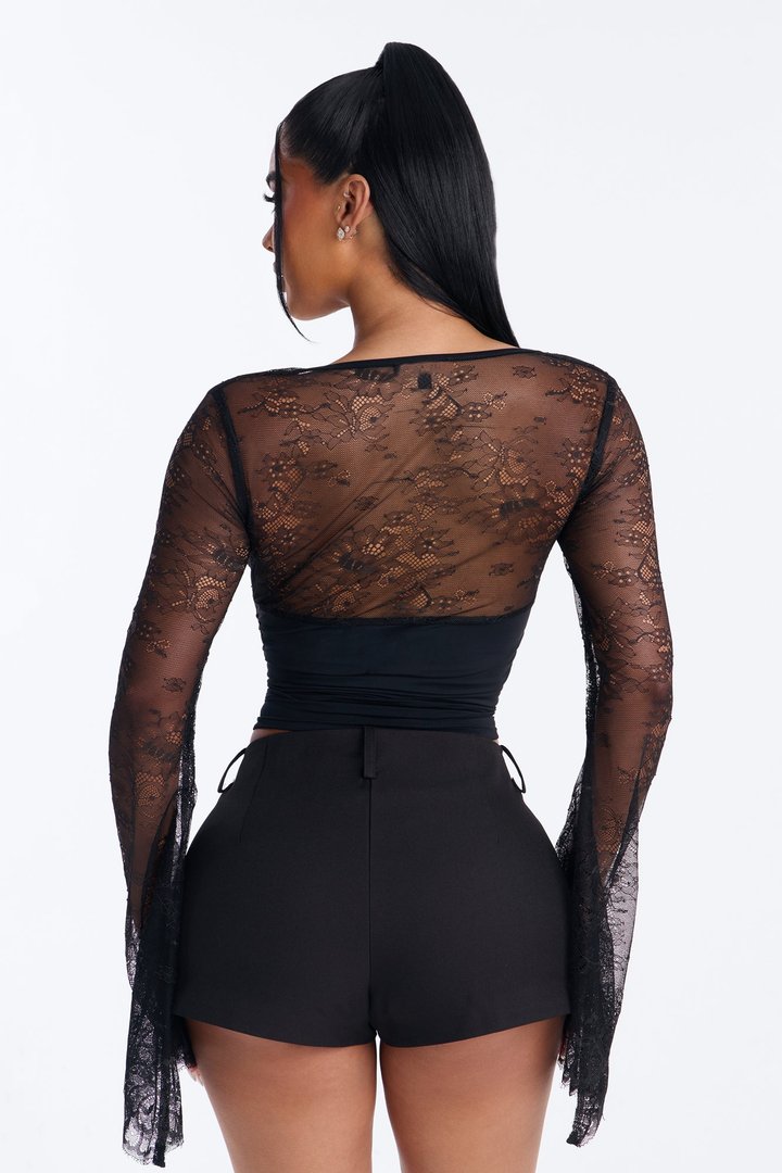 Anabelle Lace Sweetheart Neck Long Sleeve Top - Black