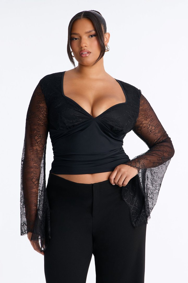 Anabelle Lace Sweetheart Neck Long Sleeve Top - Black