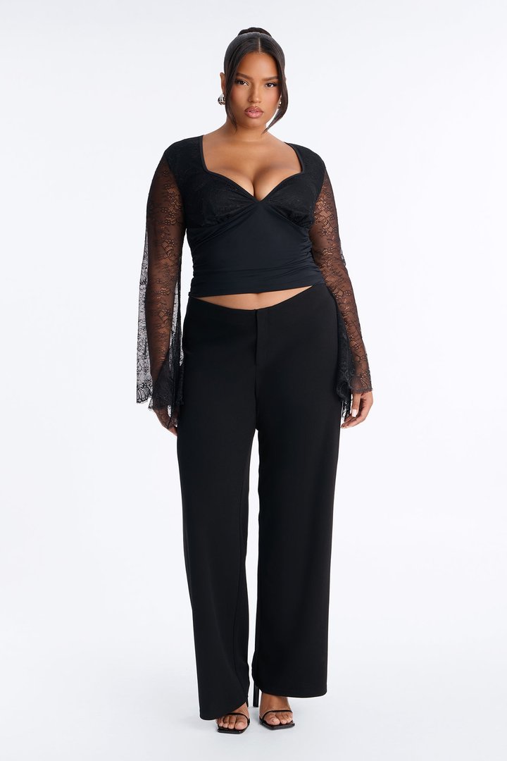 Anabelle Lace Sweetheart Neck Long Sleeve Top - Black