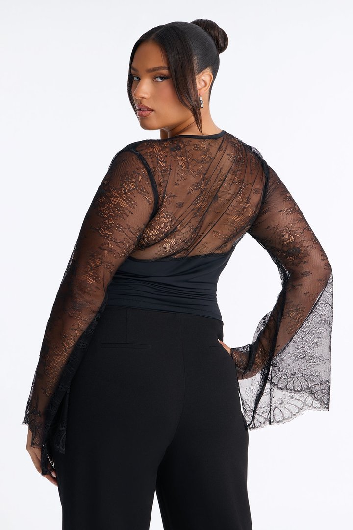 Anabelle Lace Sweetheart Neck Long Sleeve Top - Black