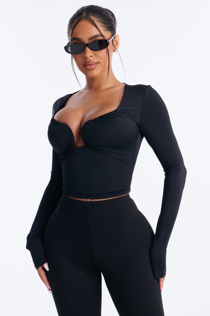 Katherine Ruched V-Neck Long Sleeve Top - Black