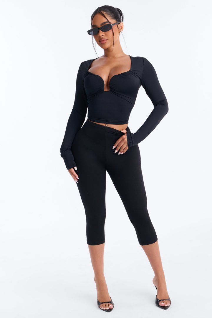 Katherine Ruched V-Neck Long Sleeve Top - Black