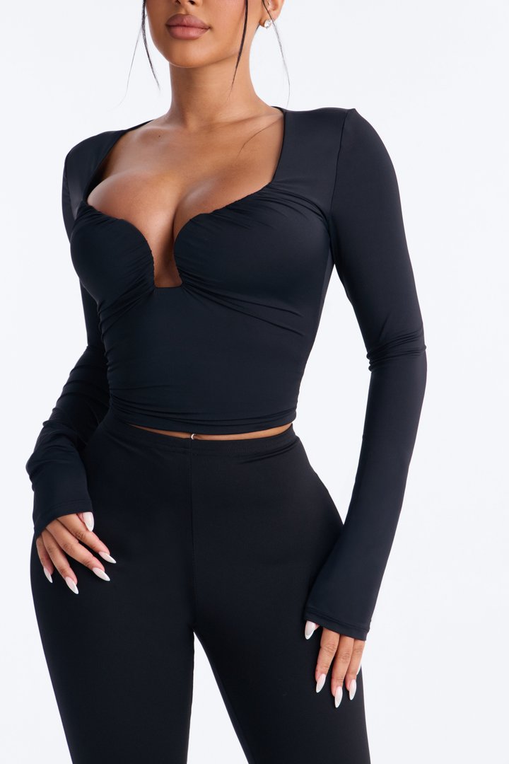 Katherine Ruched V-Neck Long Sleeve Top - Black