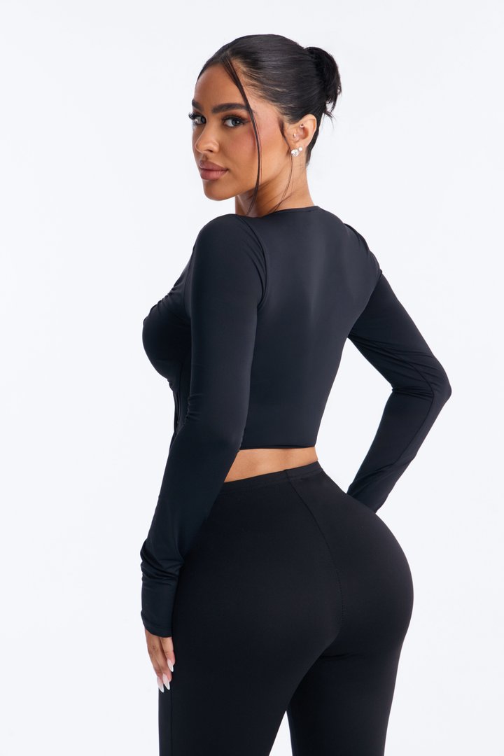Katherine Ruched V-Neck Long Sleeve Top - Black