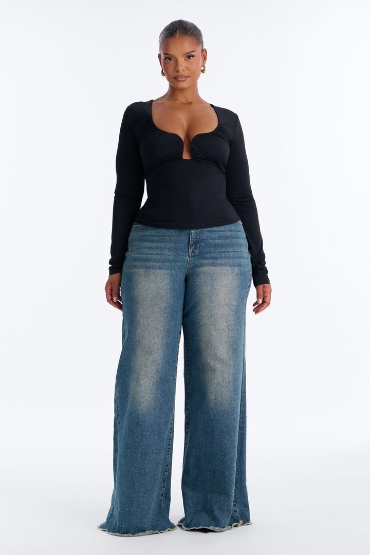 Katherine Ruched V-Neck Long Sleeve Top - Black