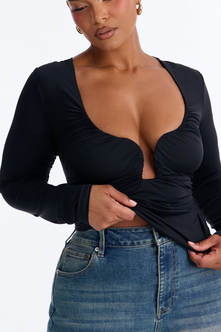Katherine Ruched V-Neck Long Sleeve Top - Black