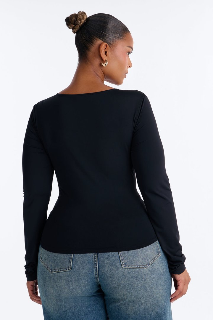 Katherine Ruched V-Neck Long Sleeve Top - Black