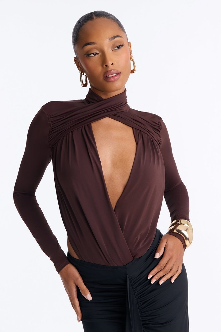 So Seductive Cut Out Long Sleeve Bodysuit - Chocolate