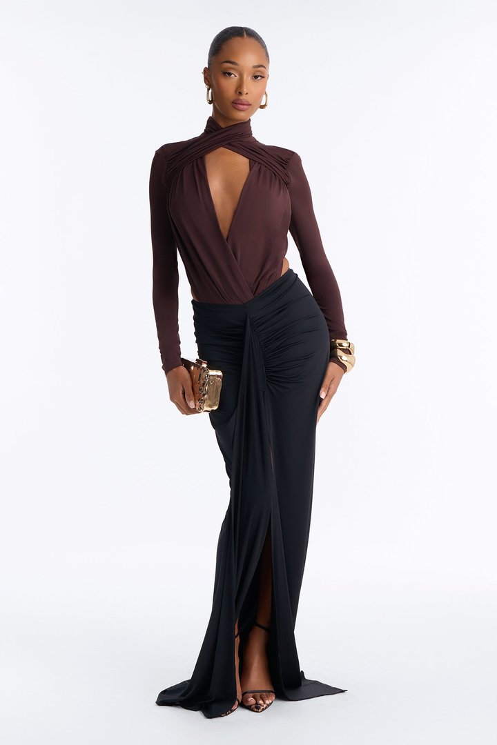 So Seductive Cut Out Long Sleeve Bodysuit - Chocolate