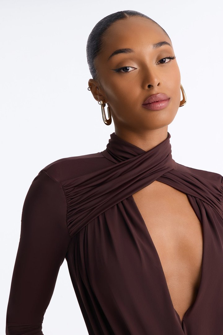 So Seductive Cut Out Long Sleeve Bodysuit - Chocolate