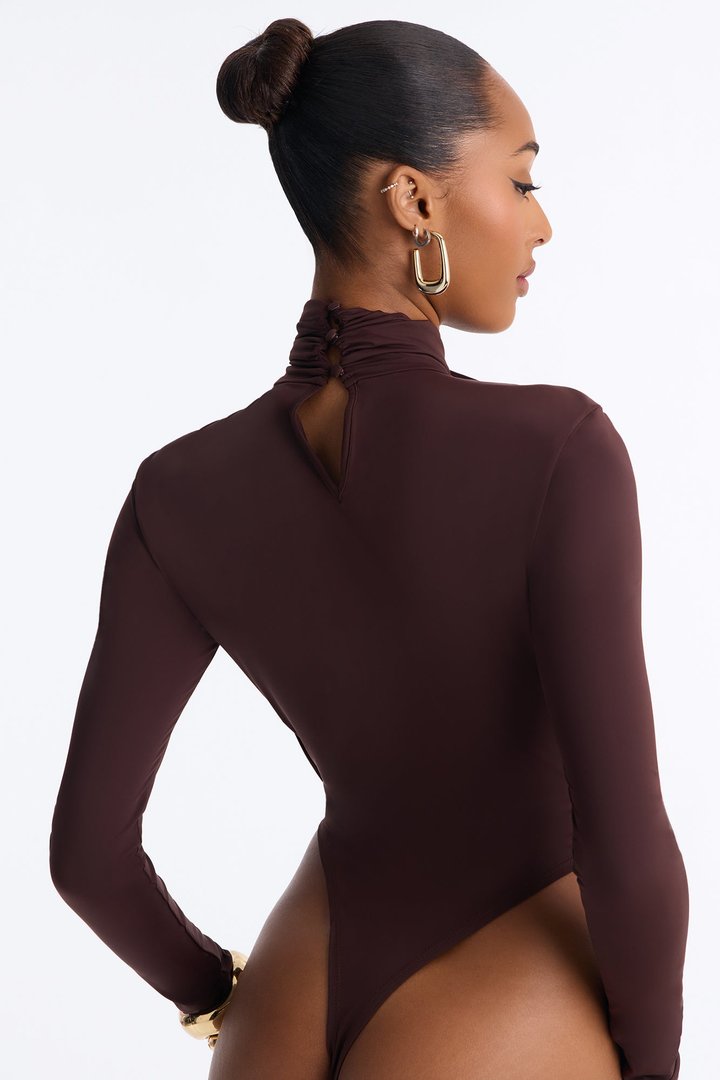 So Seductive Cut Out Long Sleeve Bodysuit - Chocolate