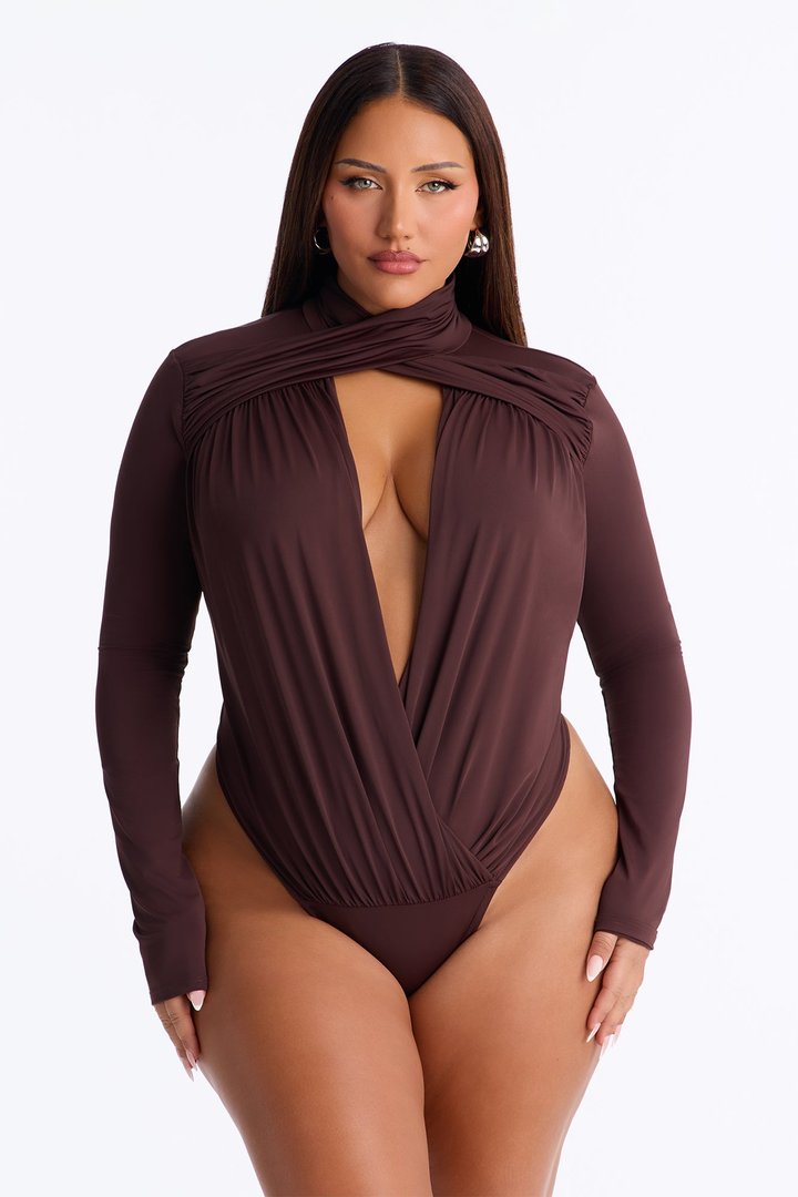 So Seductive Cut Out Long Sleeve Bodysuit - Chocolate
