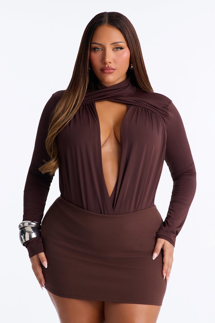 So Seductive Cut Out Long Sleeve Bodysuit - Chocolate