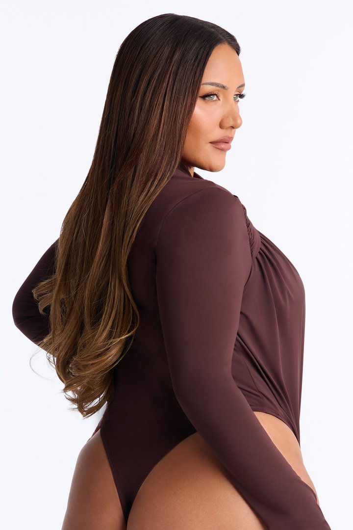 So Seductive Cut Out Long Sleeve Bodysuit - Chocolate