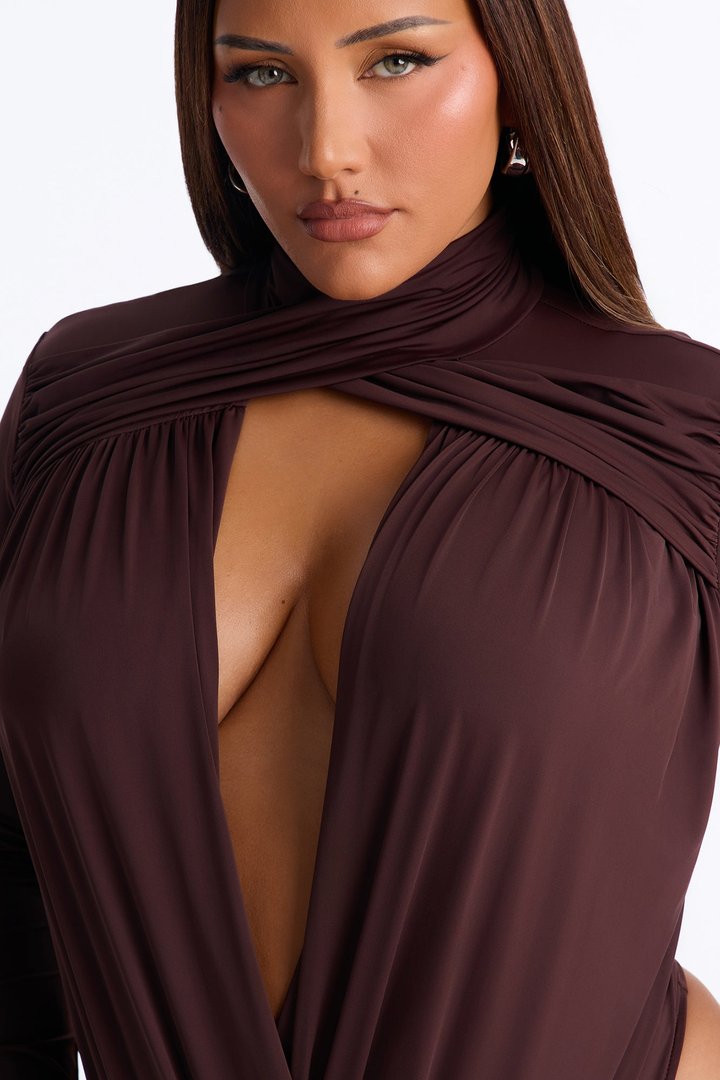 So Seductive Cut Out Long Sleeve Bodysuit - Chocolate