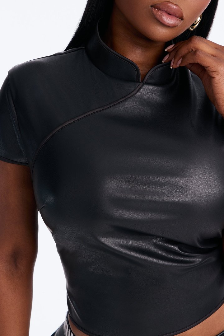Tanya Faux Leather Mock Neck Top - Black