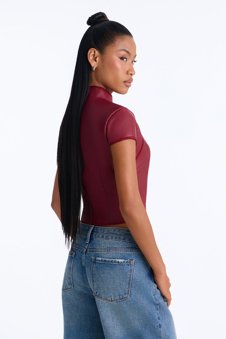 Tanya Faux Leather Mock Neck Top - Burgundy