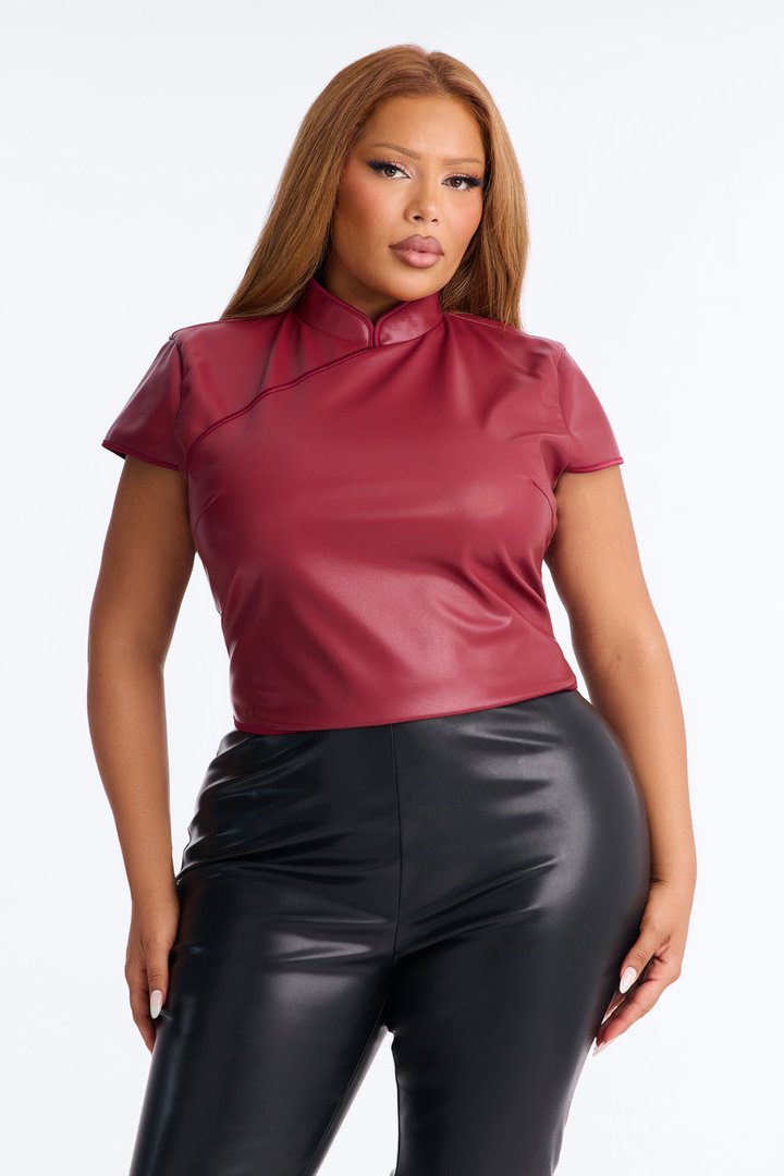 Tanya Faux Leather Mock Neck Top - Burgundy