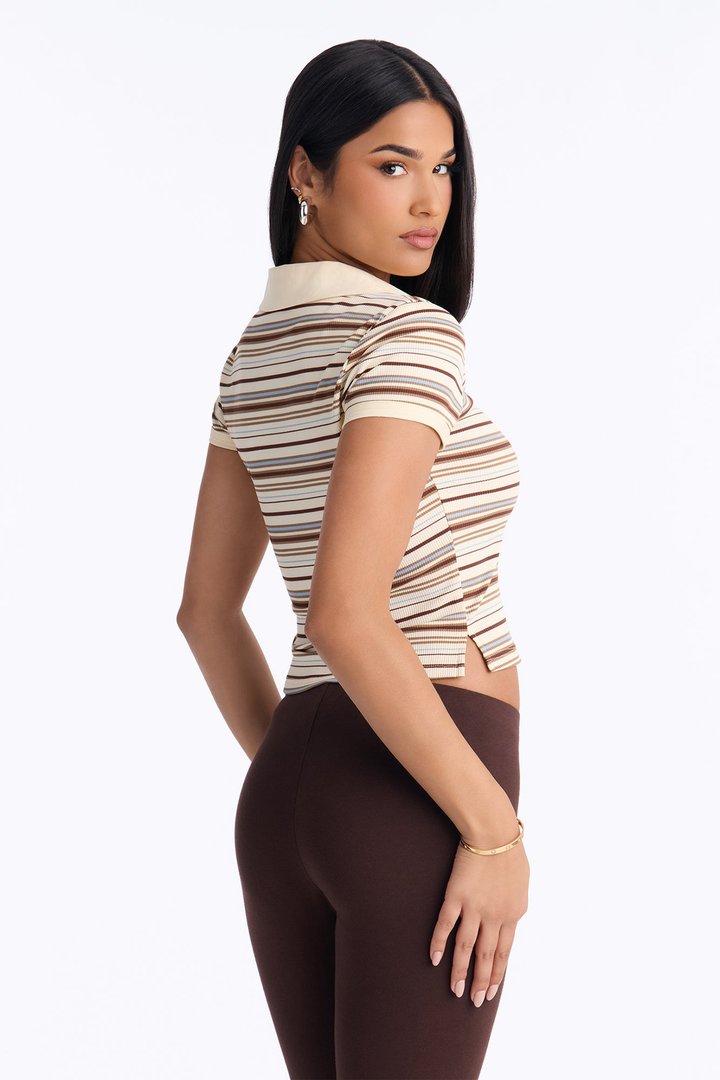 Shayla Striped Ribbed Short Sleeve Polo - Cream/combo