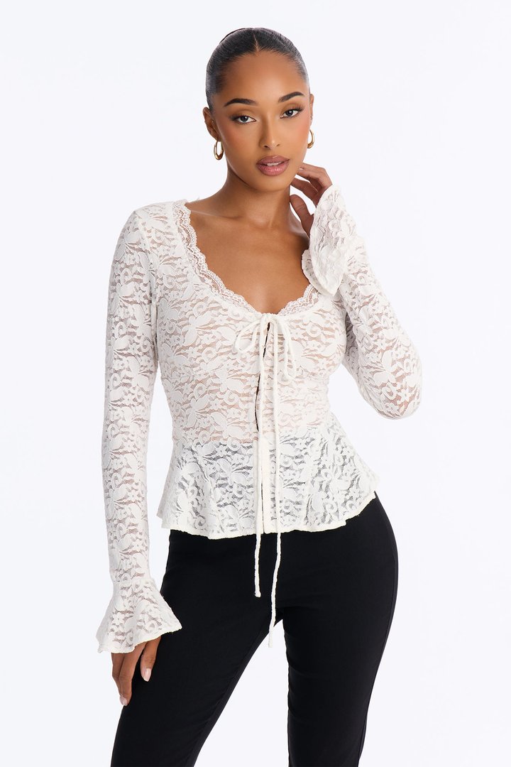 Sydney Lace Scoop Neck Long Sleeve Top - White