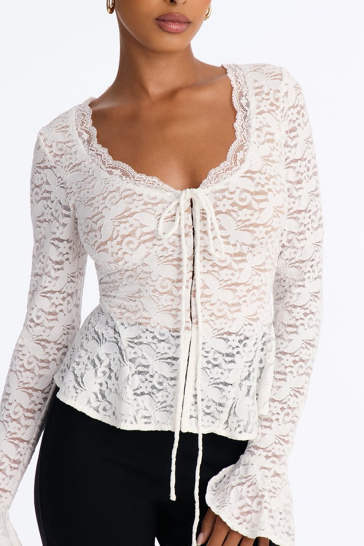 Sydney Lace Scoop Neck Long Sleeve Top - White