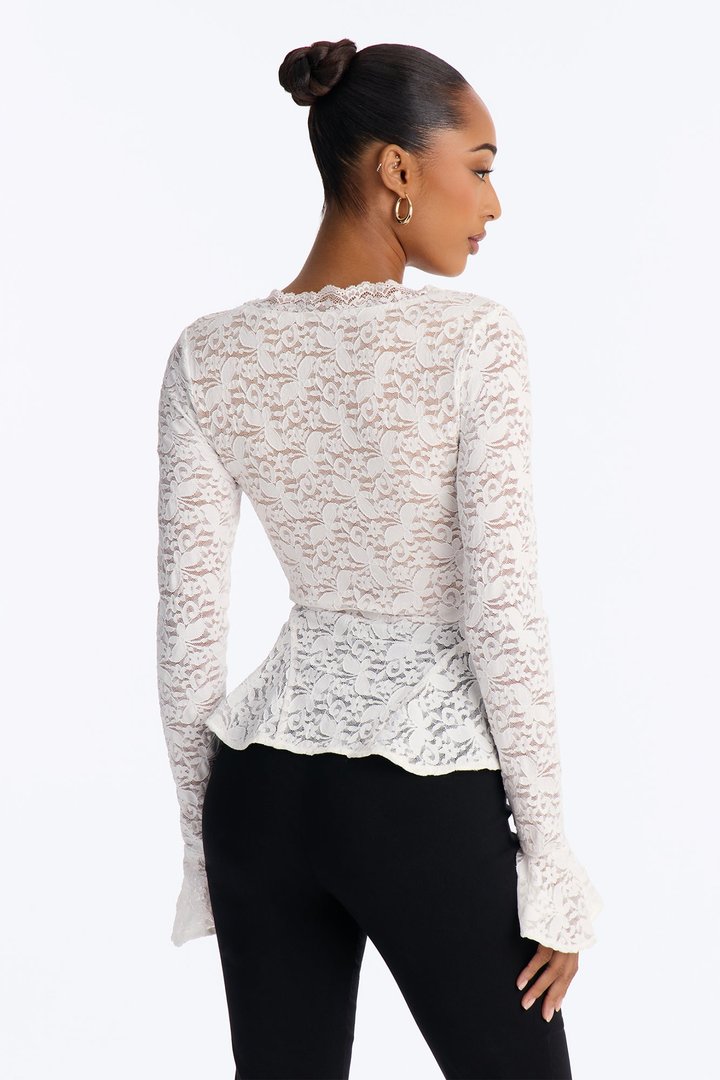 Sydney Lace Scoop Neck Long Sleeve Top - White