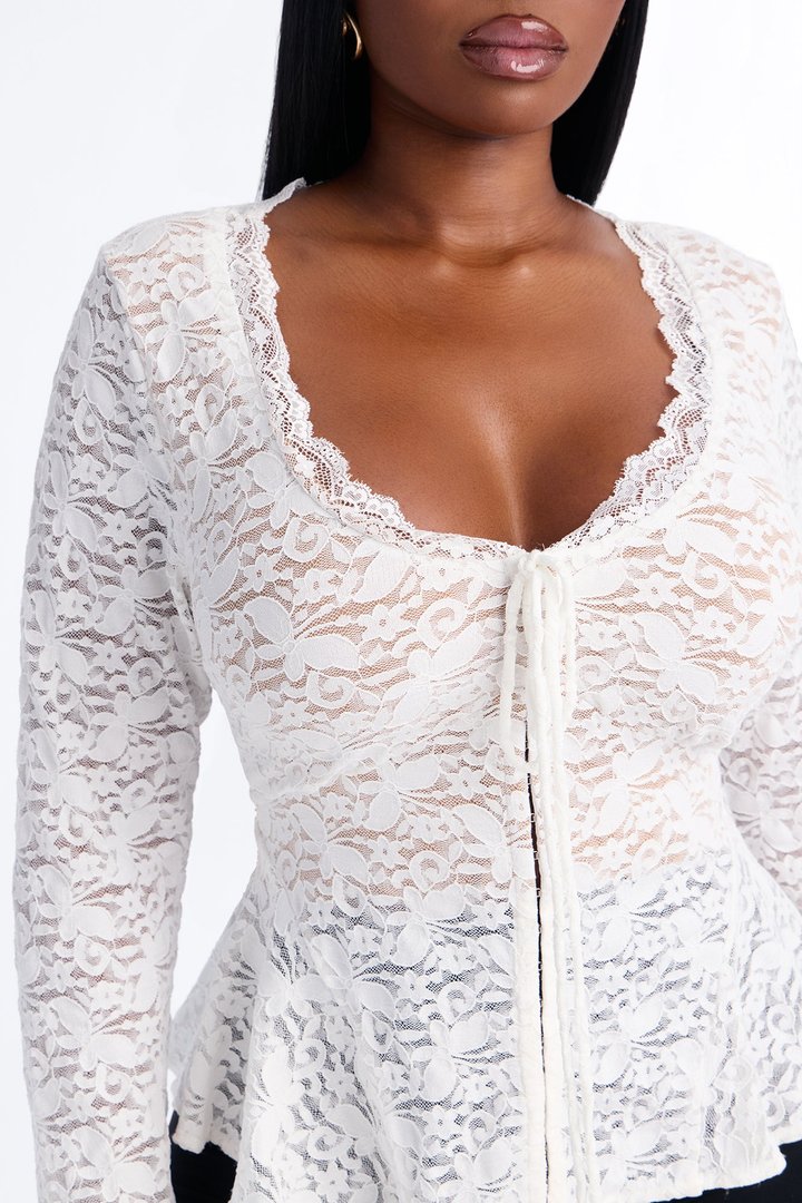 Sydney Lace Scoop Neck Long Sleeve Top - White