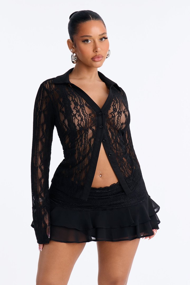 French Riviera Lace Long Sleeve Shirt - Black
