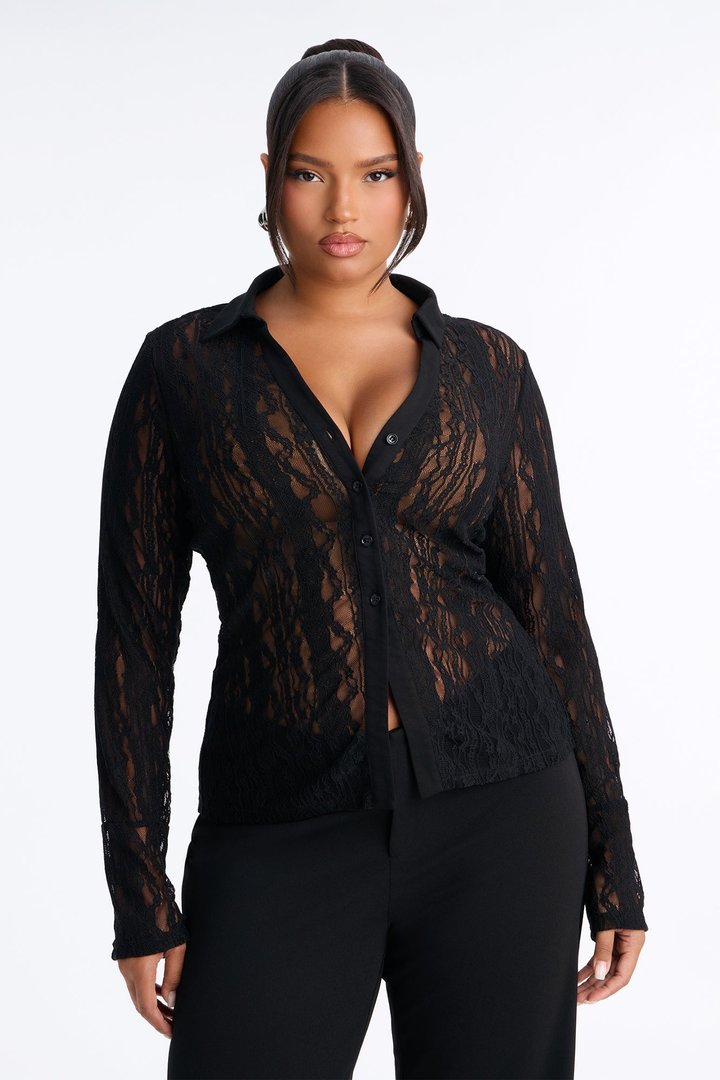 French Riviera Lace Long Sleeve Shirt - Black