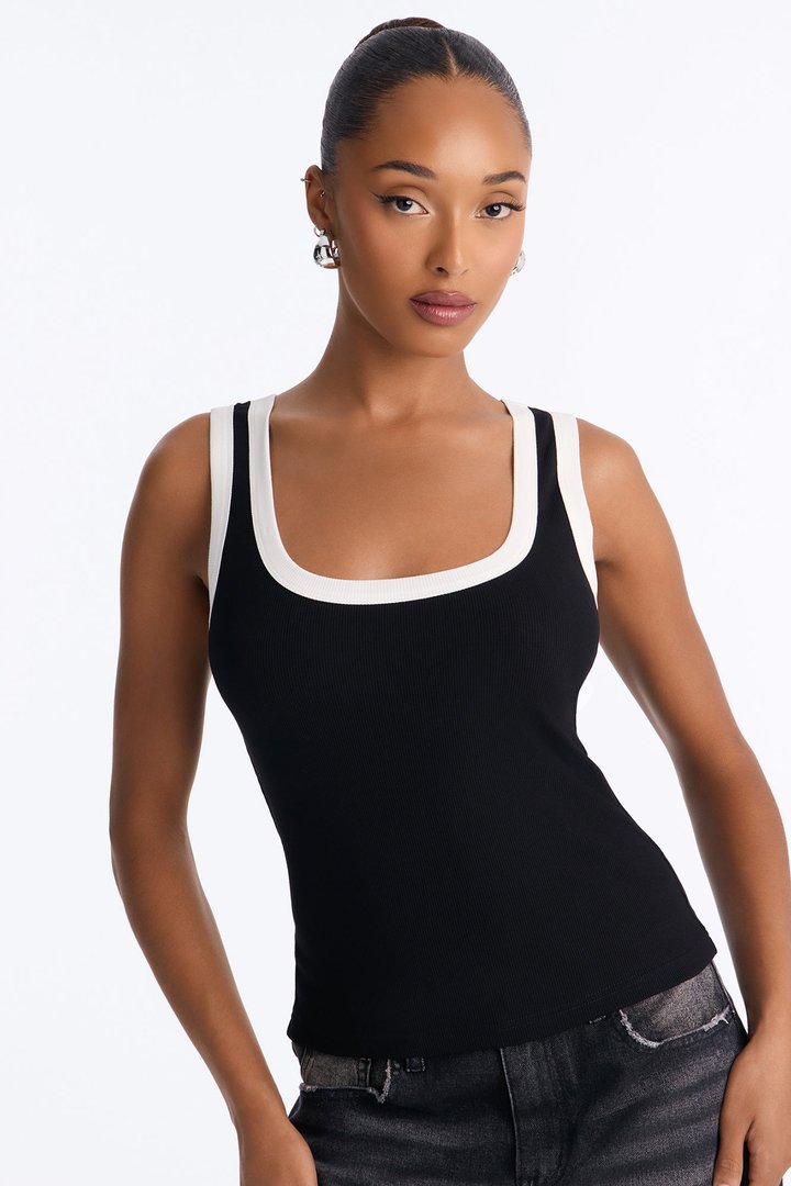 Sunday In Soho Contrast Trim Ribbed Tank Top - Black/White