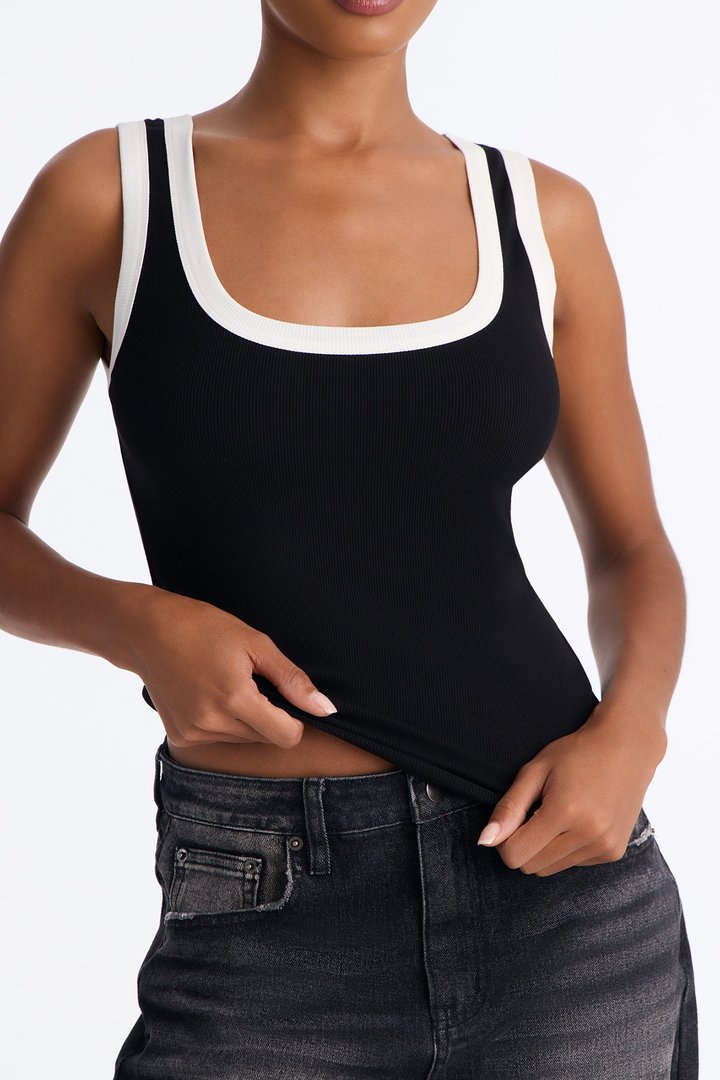 Sunday In Soho Contrast Trim Ribbed Tank Top - Black/White