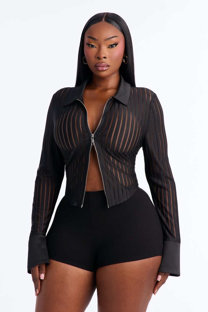 Megan Mesh Long Sleeve Zip Up Top - Black