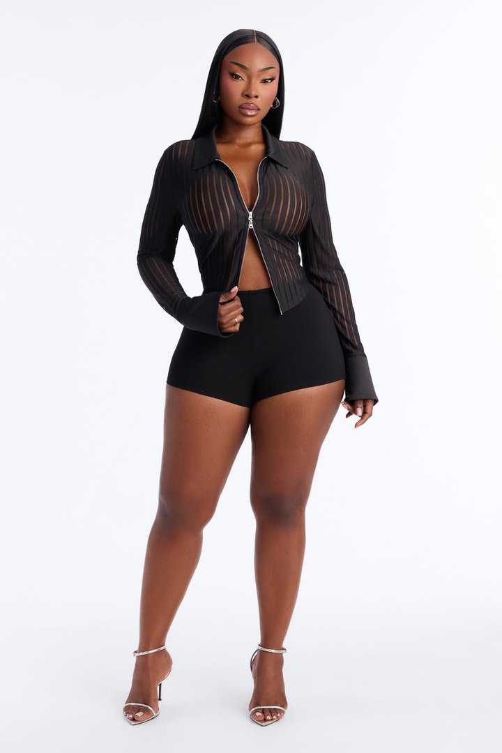 Megan Mesh Long Sleeve Zip Up Top - Black