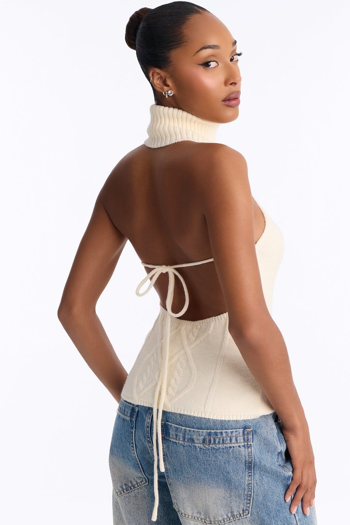 Morning Breeze Backless Halter Sweater Top - Cream